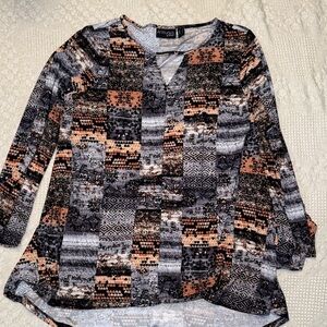 Attitudes by Renee Women's Black and Orange Patchwork Blouse